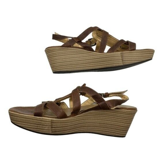 Stuart Weitzman 9.5 M Strappy Leather Platform Wedge Sandals Heels Brown Buckle - Picture 3 of 12